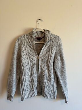 Tommy Hilfiger Light Gray Knit Zip Cardigan with Red-White-Blue Trim